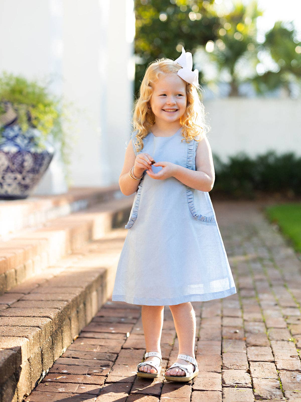 Kora Med Blue Linen Kid's Dress